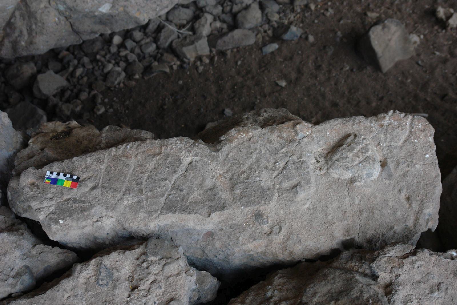 Foot petroglyphs on rock below.