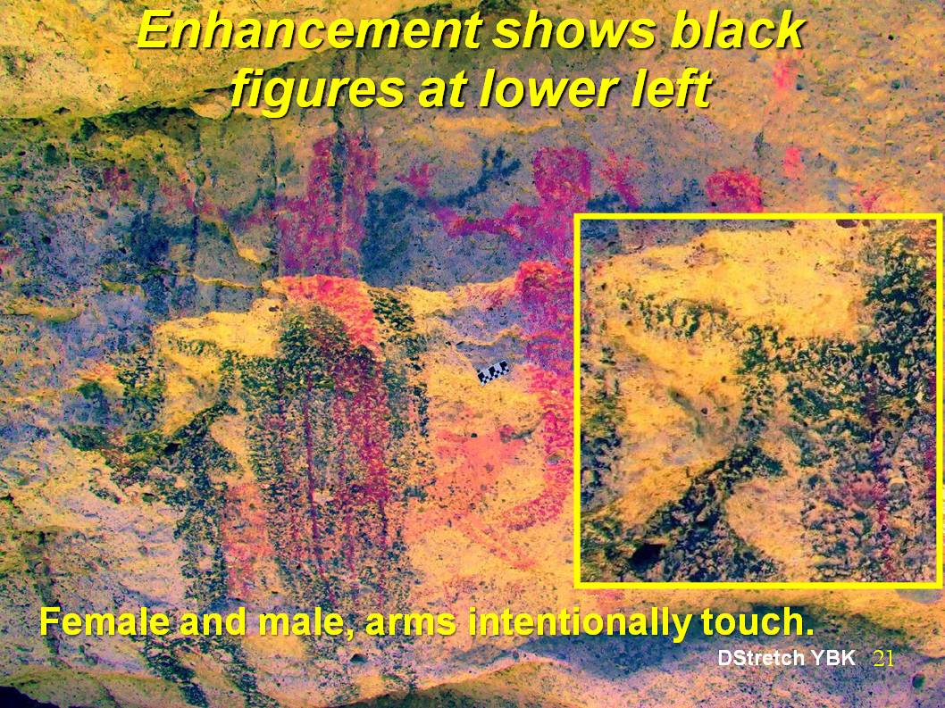 DStretch YBK enhancement shows two black figures at lower left.  One is female and one is male.  The female arm has intentionally been painted to touch the male.