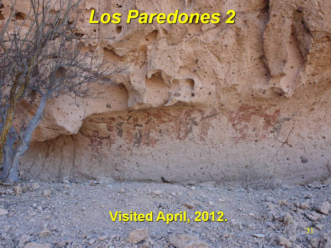 I visited this site in April, 2012.  Under an overhang is a poorly preserved row of anthropomorphs.  This site is nearby the main Los Paredones site which we will document later in the talk.