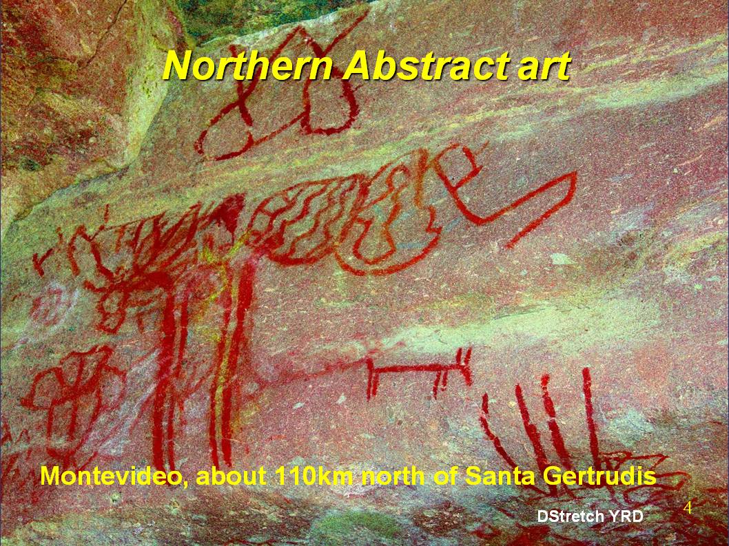 Art to the north of the Great Mural area, called the Northern Abstract zone, differs markedly in style and subject matter.