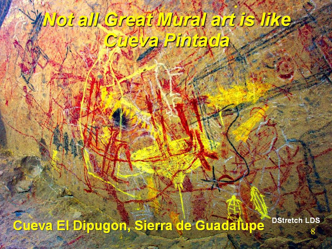 Not all Great Mural sites are similar to Cueva Pintada or the sites in this presentation.  An example is Cueva El Dipugon in the Sierra de Guadalupe. It has mainly animal and fish figures with much over painting and few obvious patterns.